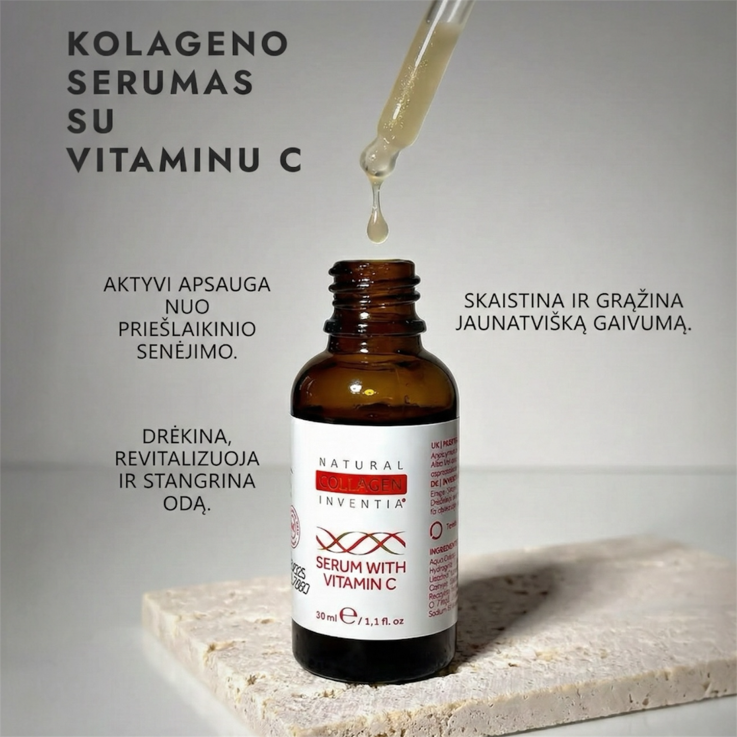 INVENTIA kolageno šviesinantis serumas su vitaminu C veidui
