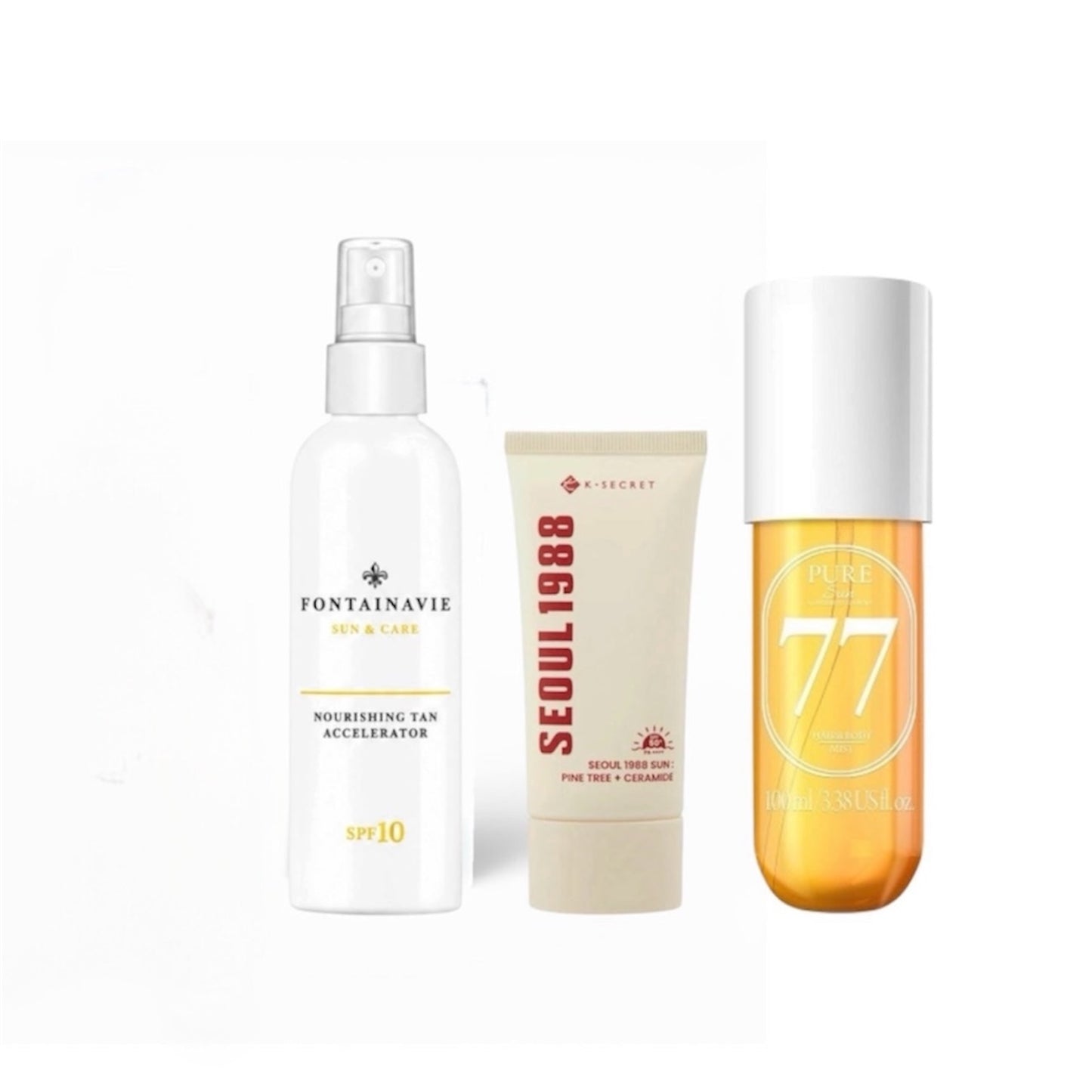 Vasaros rinkinys: įdegį skatinantis su SPF10 + neriebus apsauginis veido kremas su SPF50 + kūno kvapni dulksna