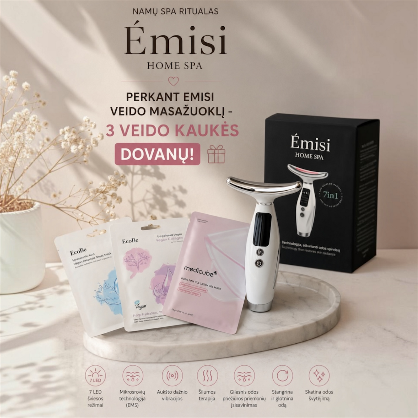 Veidą modeliuojantis LED masažuoklis Emisi + 🎁 Dovana 3 lakštinės veido kaukės