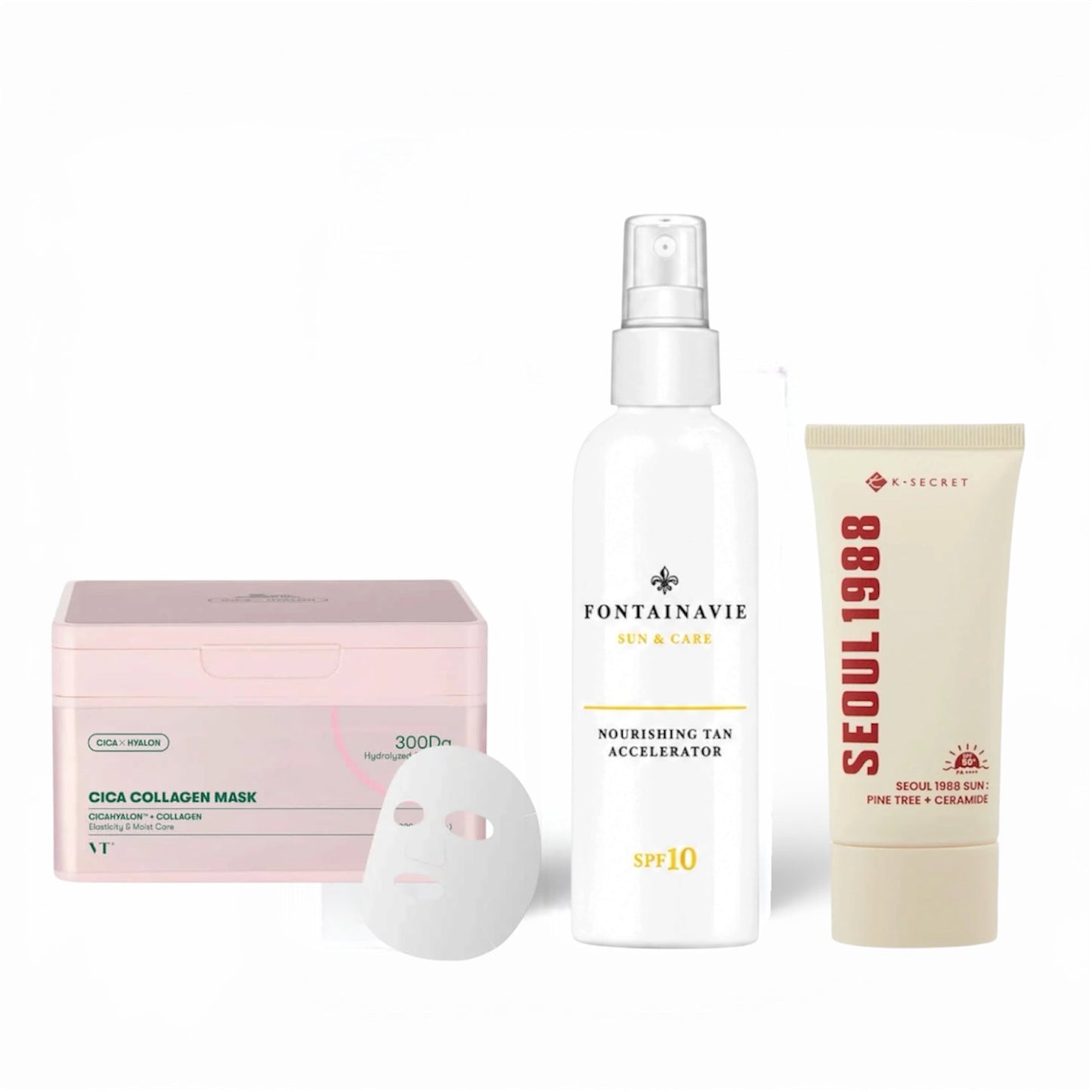 Vasaros rinkinys: įdegį skatinantis su SPF10 + neriebus apsauginis veido kremas nuo saulės su SPF50+ VT Cosmetics 30 vnt veido kaukių