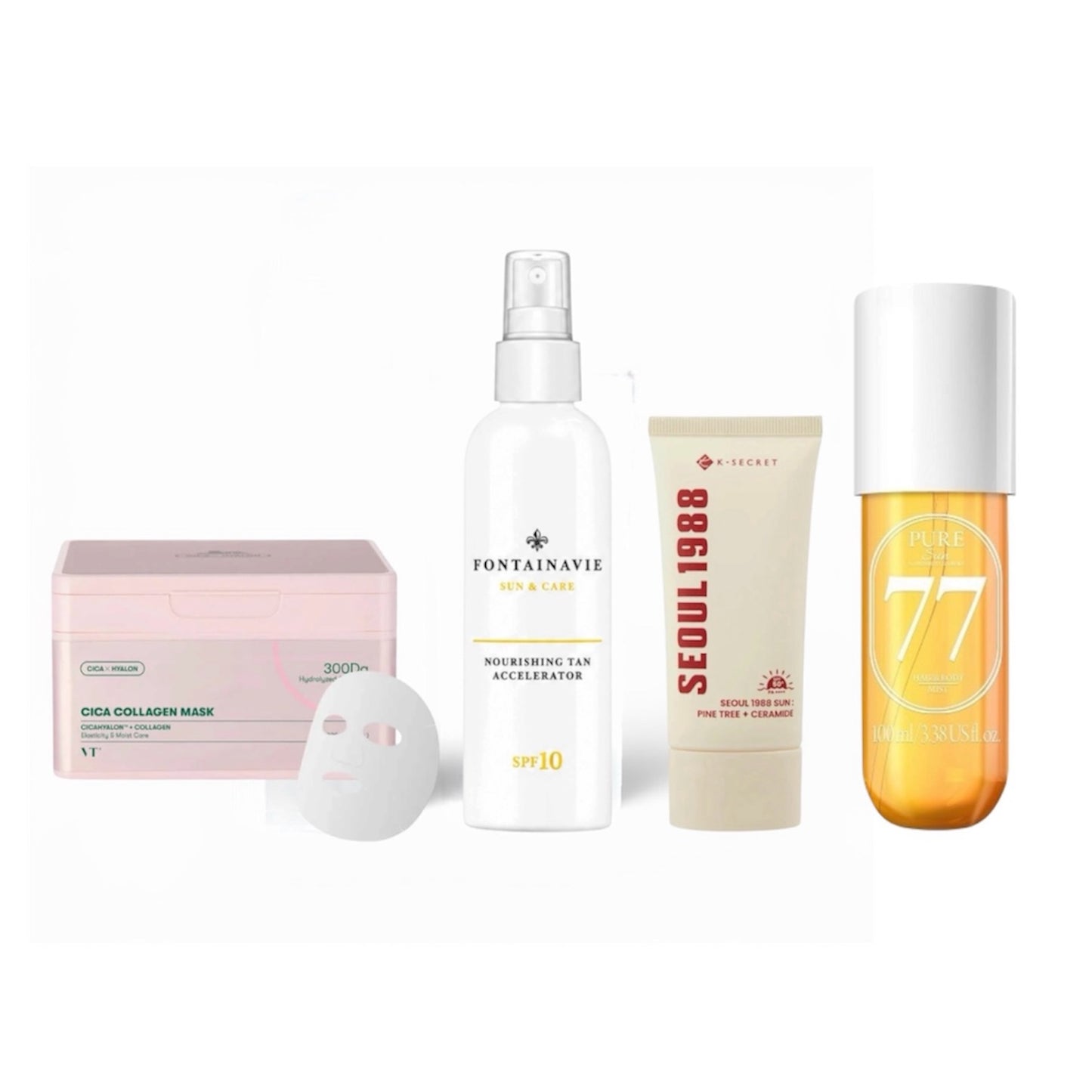 Vasaros rinkinys: įdegį skatinantis su SPF10 + neriebus apsauginis veido kremas su SPF50 + 30 vnt veido kaukių dėžutė + kūno kvapni dulksna