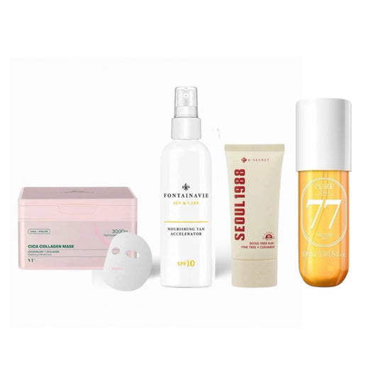 Vasaros rinkinys: įdegį skatinantis su SPF10 + neriebus apsauginis veido kremas su SPF50 + 30 vnt veido kaukių dėžutė + kūno kvapni dulksna