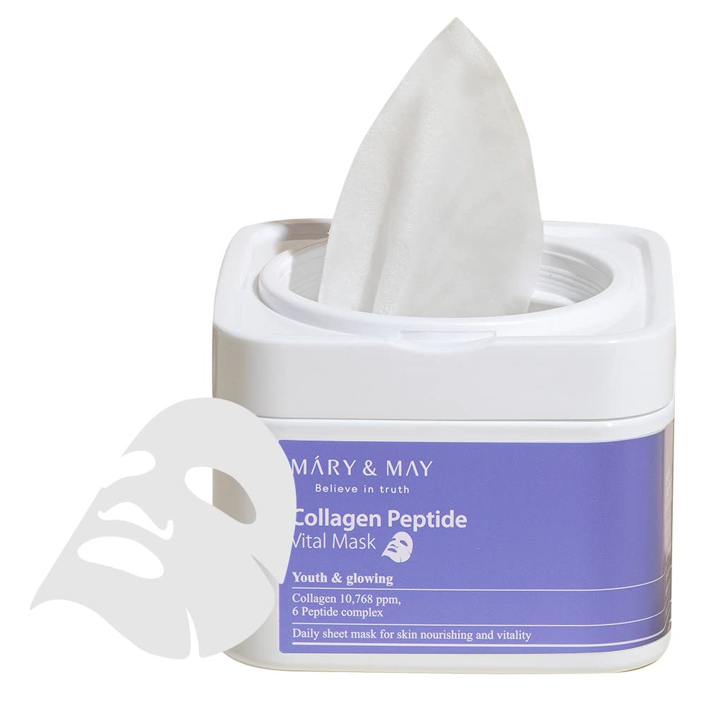 Mary & May – Collagen Peptide Vital drėkinančios ir stangrinančios lakštinės veido kaukės, 30 vnt