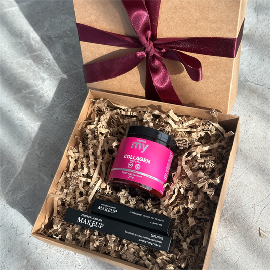Dovanų rinkinys: Jūrinis kolagenas Collagen Booster + lūpų pieštukas ir blizgis